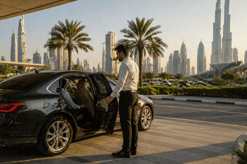 Professional car lift service in Dubai with a driver assisting a passenger into a sedan, city skyline in the background during daylight, representing Dubai to Abu Dhabi travel