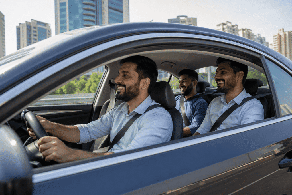 A group of passengers enjoying a comfortable car lift ride from Dubai to Sharjah, traveling through a modern UAE city with relaxed and reliable daily transport