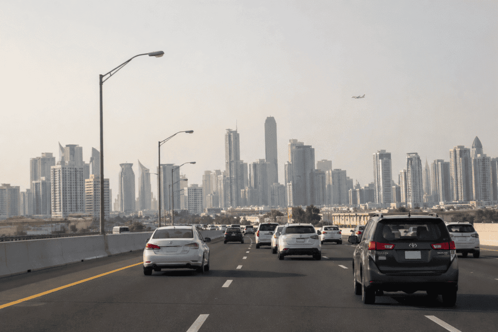 Multiple cars driving along a wide highway with a modern UAE skyline in the background, representing a busy Dubai to Ajman car lift route for daily commuters.