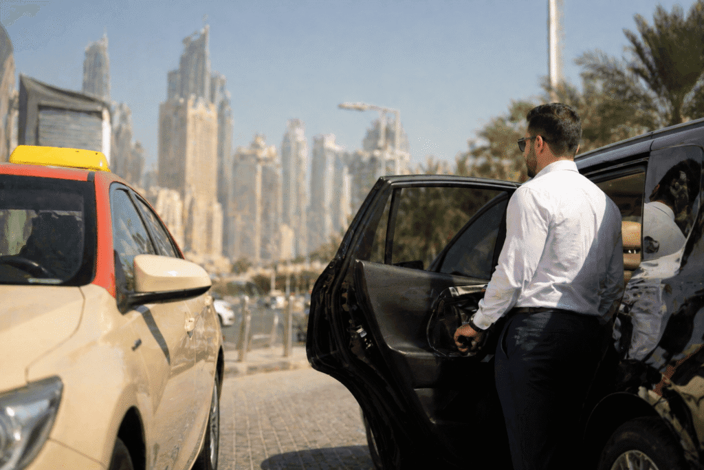 A passenger choosing between a taxi and a private car on a Dubai city street, illustrating the comparison between car lift Dubai vs taxi for daily travel.