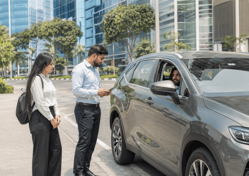 Commuters confirming a car lift booking in Dubai with a driver before starting their daily ride.