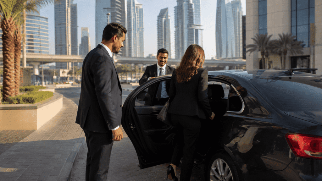 Business professionals using a daily car lift in Dubai for a comfortable office commute