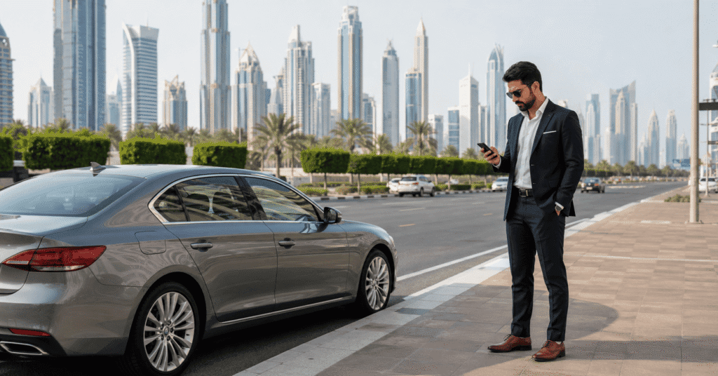 Business traveler checking his phone beside a parked car in Dubai, reflecting safe and reliable car lift travel