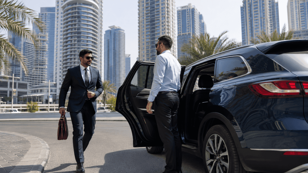 Professional commuter booking a car lift from Dubai Marina to Abu Dhabi for daily intercity travel
